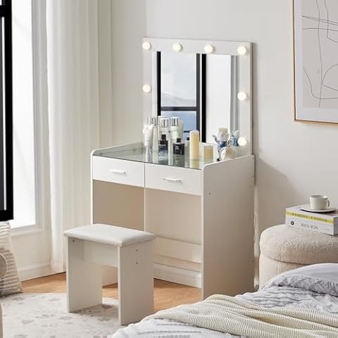 TUKAILAi White Dressing Table Set with LED Lights Cover
