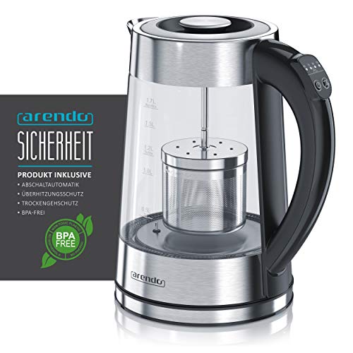 Arendo - Edelstahl Glas Wasserkocher mit Teesieb u wählbaren Temperaturstufen 1,7 L und 2 Scheiben Toaster in Edelstahl… – Bild 3