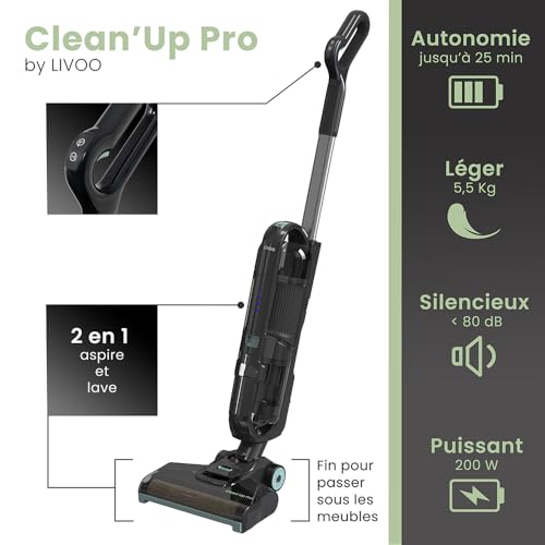 Aspirateur balai laveur sans fil LIVOO DOH147V CLEANUP PRO 11 000 Pa 25 min 600 ml 80 dB - vue 8