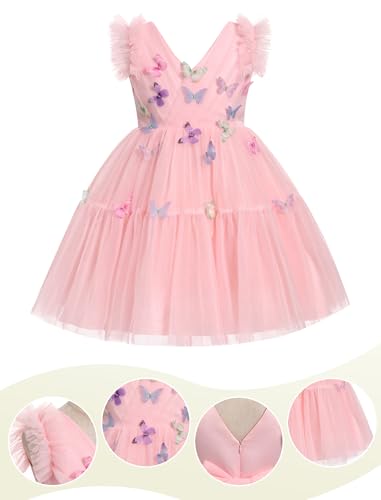 Image of IMEKIS Toddler Tea Party Dress: Flower Girl Baby Fairy 2nd 3rd Birthday Outfit Cake Smash Photoshoot Kids Princess Formal Easter Tulle Tutu Pageant Graduation Wedding Guest Pink Butterfly 2-3T