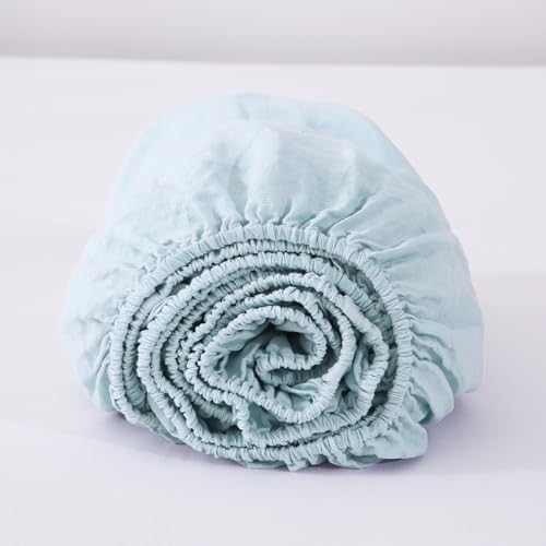 S VICTORY SYMBOL 100% Linen Fitted Sheet 78"x80"Mattress Cover 1 Piece,16 inch Deep Pocket,Stone Washed Natural French Flax Bedding(King Size,Aqua Blue)