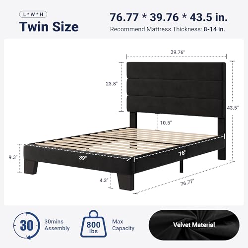 image for Allewie Twin Size Platform Bed Frame with Velvet Upholstered Headboard