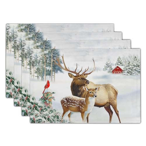 Giwawa Winter Deer Placemats Set of 4 12x18 Inch Christmas Reindeers Elk Moose Place Mat Xmas Trees Snow Wildlife Table Mats Washable Stain Resistance for Kitchen Dining Seasonal Party Decor