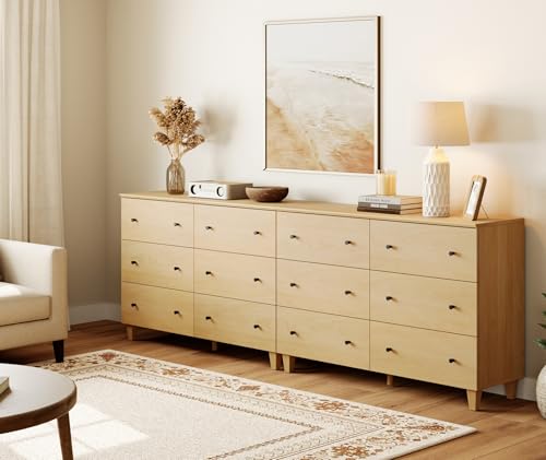 Image of WAMPAT Bedroom Dresser with 12 Drawers, Modern Chest of Drawers with Black Knobs, 94.4 Inch Wide Oak Wood Finish Storage Organizer for Kids Room, Living Room, Nursery