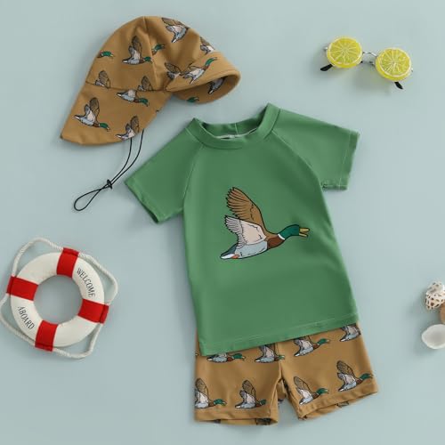 Baby Boy Swimsuit Set Toddler Rash Guard Swimwear Short Sleeve Swim Shirt Trunks with Sunhat 3Pcs Beachwear2