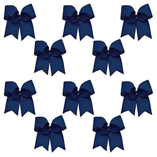 Kenz Laurenz 7" Jumbo Cheer Bow Big Hair Bows with Ponytail Holder Large Classic Accessories for Teens Women Girls Softball Cheerleader Sports Elastics Ties Handmade (Navy)