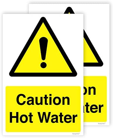 Pack of 2 Caution Hot Water Safety Sign Self adhesive Waterproof Vinyl Sticker Caution Hot 100mmx75mm V1148