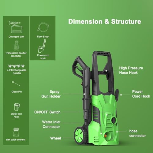 Pressure Washers 1600W, Power Jet Washers with 4 Nozzles, 7L/Max Flow Rate, 6M High-Pressure Hose, 7M Power Cable, Power Washers for Patio and Car, Garden, Fences, Yard, Driveways - Image 7