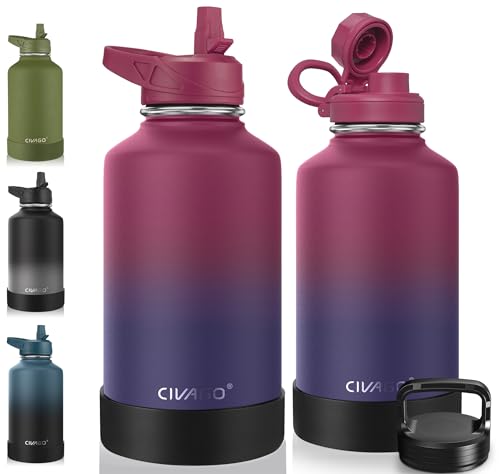 Image of CIVAGO 64 oz Insulated Water Bottle With Straw, Half Gallon Stainless Steel Sports Water Flask Jug with 3 Lids (Straw, Spout and Handle Lid), Large Metal Thermal Cup Mug, Dark Rainbow