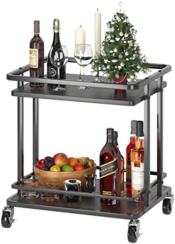 CHLORYARD 2-Tier Utility Rolling Cart, Metal and Wood Side End Table with Wheels Multifunctional Serving Storage Cart for Home Office Kitchen Bedroom Living Room Organizer (Black)
