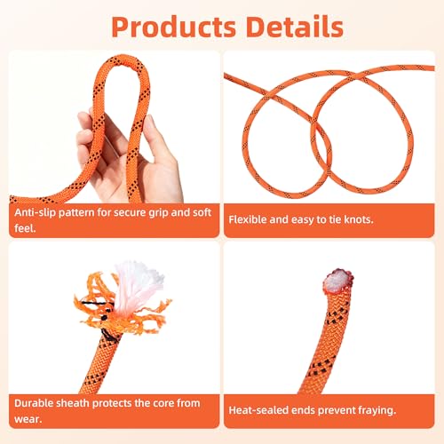 WXYSYHR Double Braided Polyester Rope 3/8 in X 100 ft Arborist Rigging Rope 48 Strands Outdoor Pulling Heavy Duty Bull Rope for for Rock Hiking Camping Swing Tree Rescue Orange (3/8 in X 100 ft)