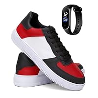 Kit Tênis Masculino Casual Urbano Clássico Streetwear Comfort + Relógio Digital - Preto/Vermelho/37