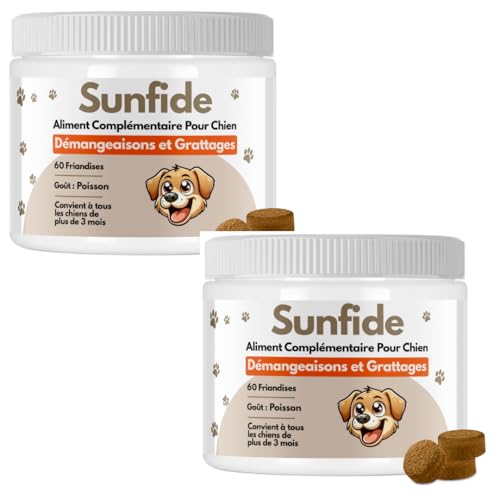 SUNFIDE - Démangeaisons - Complément Alimentaire pour Chien - Contre Les Démangeaisons (60 Friandises au Poisson) - Probiotiques pour Chien - Contre Les...
