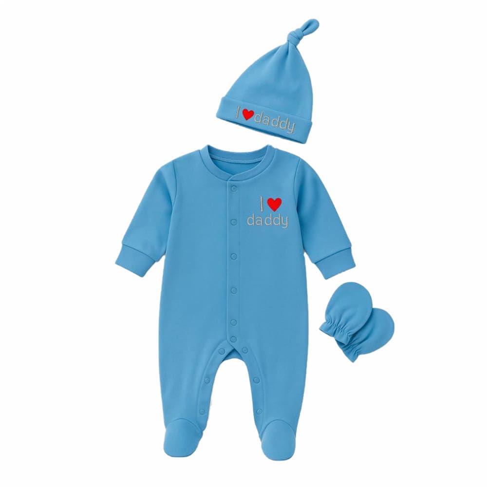 pom-pom sweet hearts Baby Romper Gift Pack for Newborn Babies | 100% Cotton Sleepsuit/Bodysuit with Matching Cap & Mittens | Soft, Skin-Friendly, Bio-Wash Cotton Night Suits for Infants | 0-3 Months, I Love Daddy, Blue-picture-48
