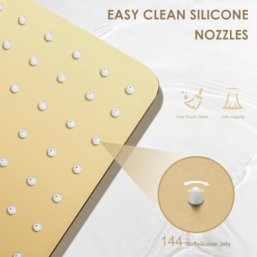 KINLIV 12 inch Brushed Gold Rain Shower Head - All Metal 304 Stainless Steel, Full Body Waterfall Shower with 144 Silicone Nozzles - Square Showerheads Ceiling or Wall Mount Modern Bathroom by KINLIV - Used condition - Image 2