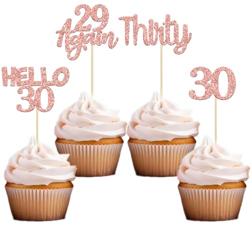 Gyufise 24Pcs Rose Gold Glitter 30th Birthday Cupcake Toppers Hello 30 Cake Decorations Again 29 Thirty Cupcake Picks for 30th Birthday Cake Decorations Supplies