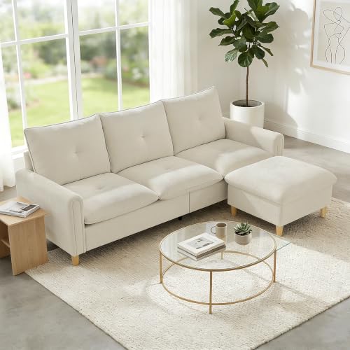 HOMCOM Canapé 3 Places avec Pouf de Rangement Modulable 210 cm Crème | Canapé d'Angle Moderne, Assise Large…