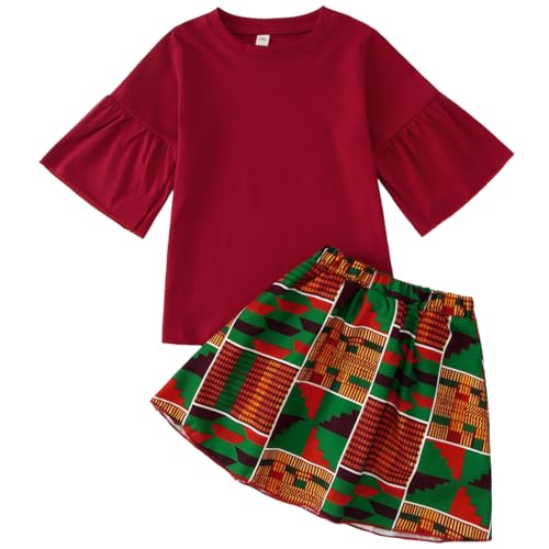 KEKEMI Kid Toddler Girls African Outfit Dashiki Ankara Shirt Black History Month Print Skirt Set Boho Summer Party Clothes(Red,6T)