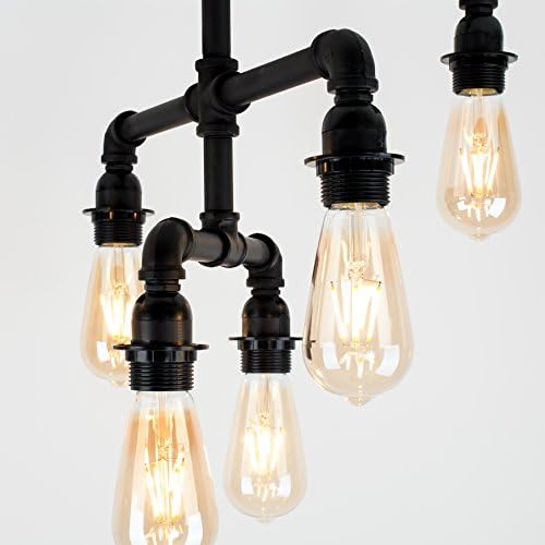 MiniSun Industrial Steampunk Style 6 Way Satin Black 3 Tier Pipework Ceiling Light - Complete with 4w LED Filament Bulbs [2700K Warm White]