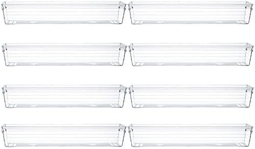 Backerysupply Clear Plastic Drawer Organizer Tray for Vanity Cabinet (12”×3”×2”，Set of 8),Storage Tray for Makeup, Kitchen Utensils, Jewelries, and Gadgets