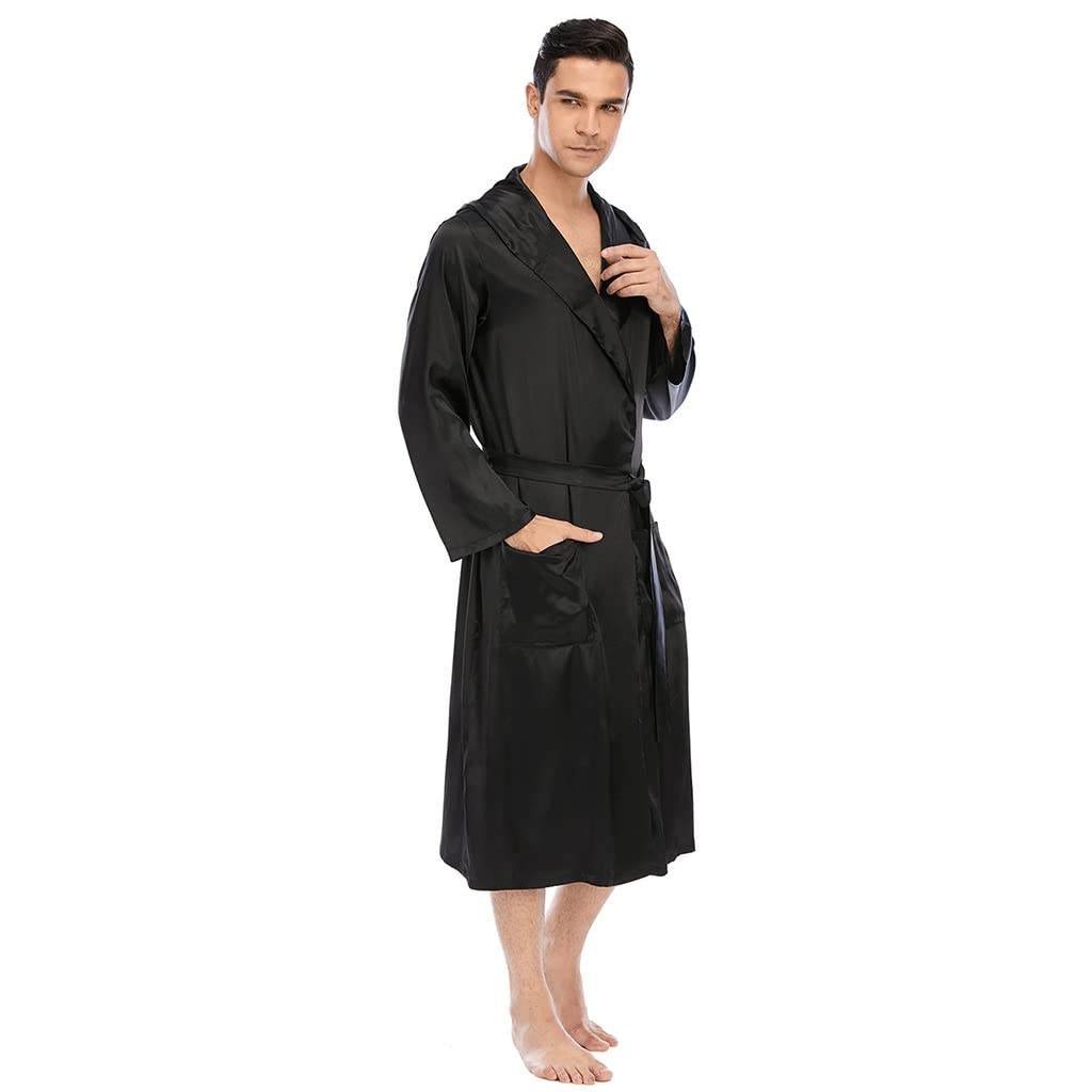 Albornoz para Hombre Bata Baño De Seda Satinada Talla Grande Camisón De Manga Larga Ropa De Dormir Ligera Hombre Kimono Sexy Cuello Chal con Estilo con Capucha Pijama Acogedor De Vacaciones