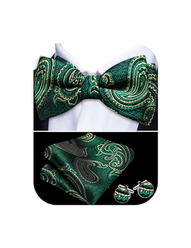 YOHOWA Paisley Striped Men Bow Tie Pre-Tied Formal Adjustable Colorful Bowties Handkerchief Cufflinks Set Wedding Party, 01 Green