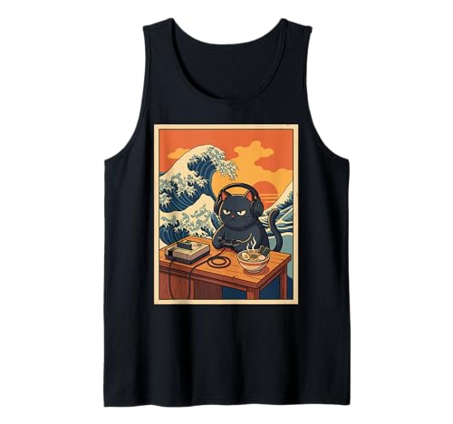Retro Gamer Cat with Ramen Great Wave Anime Fans Men Kids Tank Top