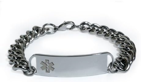 Custom Engraved Medical ID Alert Bracelet with Embossed emblem and wide chain. D-Style, premium series.