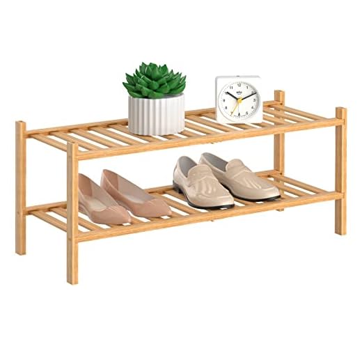 RONGJIA 2-Tier Natural Bamboo Shoe Rack - Stackable Storage Shelf with Multi-Function Combinations - Free Standing Shoe Racks for Convenient Shoe Organization（Natural） 11" D x 27" W x 13" H