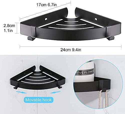 DUFU Shower Shelf Corner, No Drilling Stainless Steel Shower Shelves Wall Mounted Self Paste Black Shower Caddy Storage Basket Bathroom Kitchen Organizer with Hooks, 2 Tier