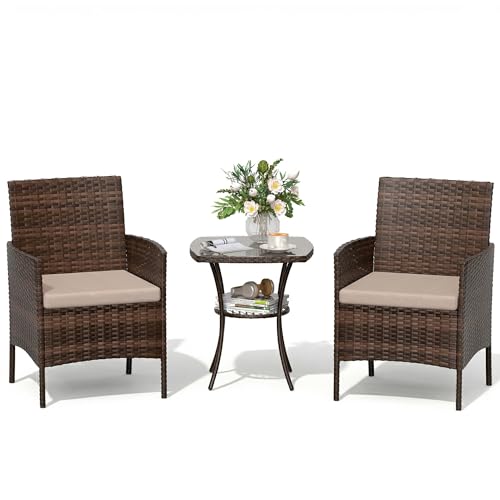 Amopatio Rattan Gartenmöbel Set, Balkonmöbel Set Kleiner 3 teilig, Outdoor Gartenlounge Wetterfest, Bistrotisch mit 2 stühlen, Terrassenmöbel für Terrasse, Balkon, Garten, Braun