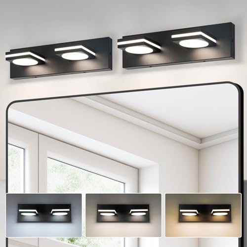 OKELI 2-Light LED Bathroom Vanity Light Fixtures (2 Pack), Matte Black Modern Bathroom Wall Lighting Fixtures Over Mirror (3CCT, 3000K-6000K)