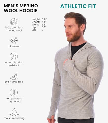 Image of Merino.tech 100% Merino Wool Hoodie Men - Slim Fit Merino Wool Base Layer Mens Half Zip Thermal Long Sleeve Shirt and Socks