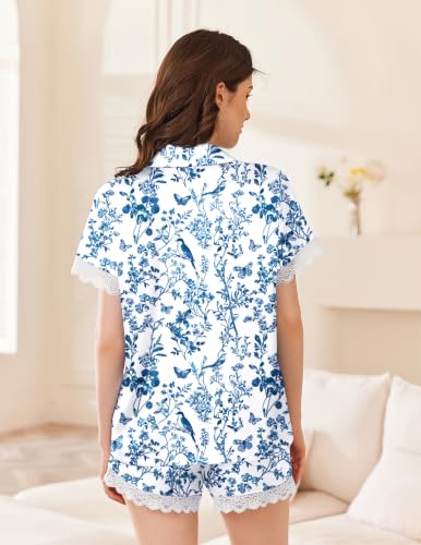 Image of Ekouaer Womens Lace Satin Pajama Set Button Down Pj Shorts Set Bridesmaids Getting Ready Outfits Casual Sleepwear XS-XXL