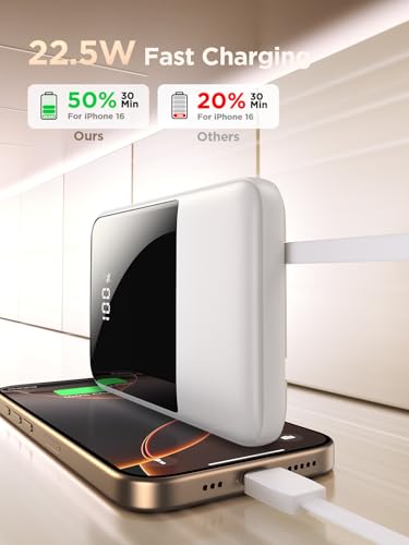 Aioneus Portable Charger, 22.5W 10000mah Fast Charge Power Bank with Built in Cables USB Battery Pack Travel Charger Cell Phone Battery USB C Battery Bank for iPhone 16 15 14 13/Android - Thumbnail 2