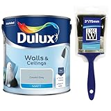 Coastal Grey Walls & Ceilings Matt Emulsion Paint 2.5L + 3" Emulsion Paint Brush – Smooth Creamy Finish, Quick Dry, Low VOC, Easy Application for Walls & Ceilings