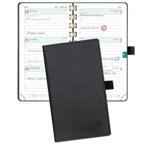 POPRUN 2027 Pocket Planner (Slim Size 3.5'' x 6.5'') Weekly and Monthly Calendar for Purse (Jan 2027 - Dec 2027) with Hourly Time Slots, 100GSM Thick Paper, Spiral Soft Cover - Black