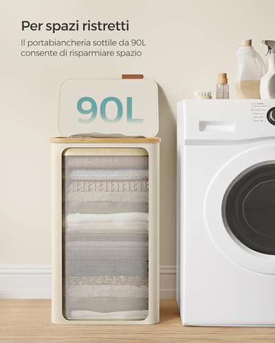 SONGMICS Cesto Portabiancheria con Coperchio, Cesta per Bucato, 90L, Salvaspazio, Sacco Rimovibile, Tessuto Oxford, Manici di Bambù, Pieghevole, 42 x 32 x 70,5 cm, Bianco Crema LCB509W01 - Immagine 2