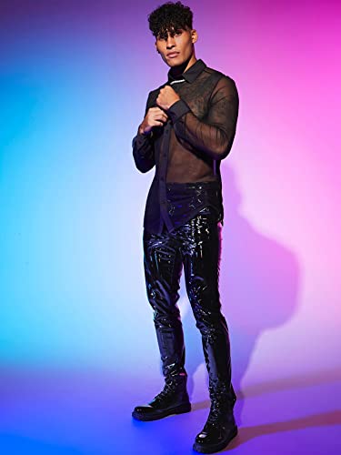 Cozyease Men's See Through Mesh Button Down Shirt Long Sleeve Collared Tops Streetwear Black M #TOP7
