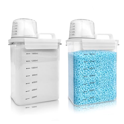 Cbilzxer Dispensador de Detergente,Dosificador Detergente Lavadora, Almacenamiento Reutilizable, Botellas Vacías en Polvo, Caja de Almacenamiento con Vaso Medidor (1800ml*2)