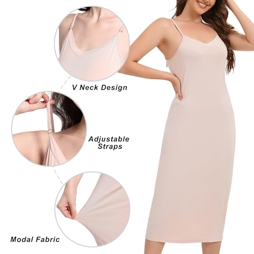 Xuepelit Bielizna damska długa brzmiąca koszula nocna damska letnia seksowna halka długie pełne slipy na ramiączkach spaghetti sukienka negligee halka Full Slip damska długa halka, B-beżowy, XXL