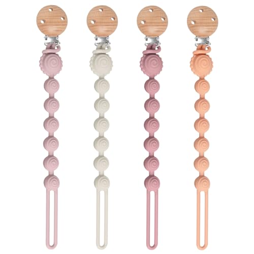 Dummy Clips Silicon Suppleness Portable 4PCS Pacifier Clips Boys Grils Dummy Chain BPA Free Mam Soother Clips and Teether 2 in 1 Design(4 Color)