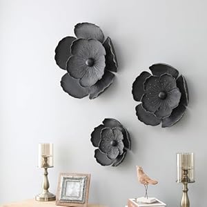 LuxenHome Handmade 3D Metal Flowers Wall Decor Metal Wall Hanging Sculptures Home Decor Floral Art Dark Gray with Gold Flower Decoration for Home Office Decor (Set of 3)