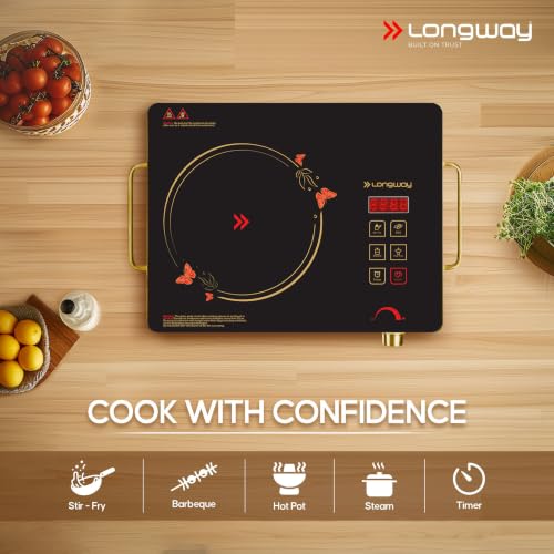Image of Longway Infralite Pro 2200W Infrared Induction Cooktop with Steel Grill Rack, Crystal Glass Top, Touch Panel & Digital Display, 4 Preset Modes - Stir Fry, BBQ, Hot Pot & Steam, Golden