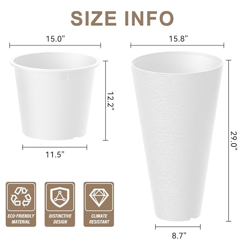 Kante Set of 2 White Plastic Round Planters 29" Tall Home & Outdoor by Kante - Image 2