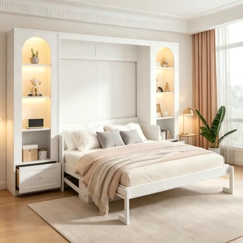 PVWIIK Queen Size Murphy Bed with Storage Shelf & Desk, White