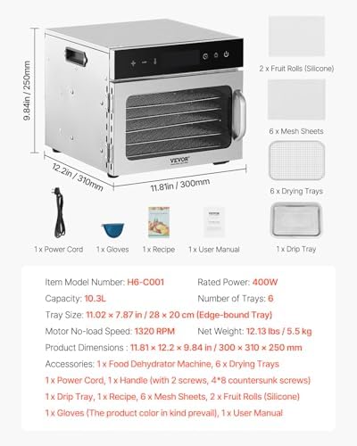 Bild 6 - VEVOR Dörrgerät Dörrautomat 6 Edelstahlschalen, elektrischer 400 W Futtertrockner mit einstellbarer Temperatur, Gefriertrockner für Trockenfleisch Fleisch Obst Gemüse Kräuter Hundeleckerlis