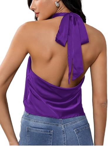 MakeMeChic Women's Satin Silk Halter Tank Tops Backless Going Out Top