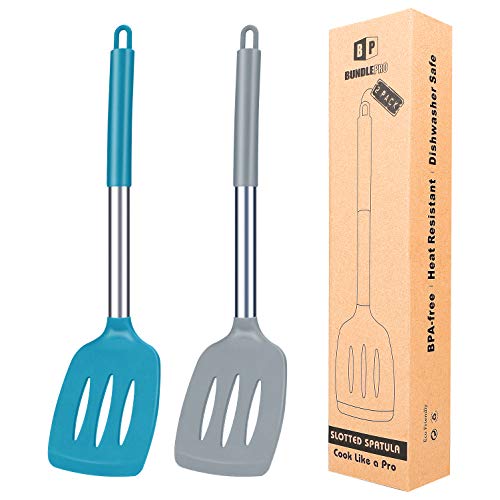 Pack of 2 Silicone Slotted Spatula Non Stick Kitchen Turners High Heat Resistant BPA Free Kitchen Utensils Ideal Cookware for Fring Fish Eggs MeatFrench Fries Gray-Blue