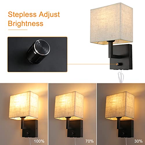 Wkeessee Bedside Wall Mount Light With Dimmer Switch And Two Usb Charging Port, Fabric Linen Shade Wall Sconces Light With Plug In Cord, Black Wall Lamp Perfect For Bedroom, Living Room And Hotel #TOP1